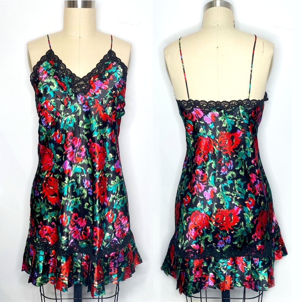 Vintage Gold Label Victoria's Secret Abstract Floral Pattern Satin + Lace Nighty